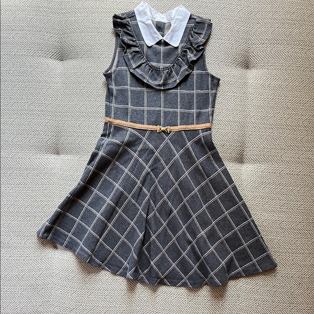 EUC Janie and Jack Girls Charcoal Checkered Dress with Ivory Collar, size 10